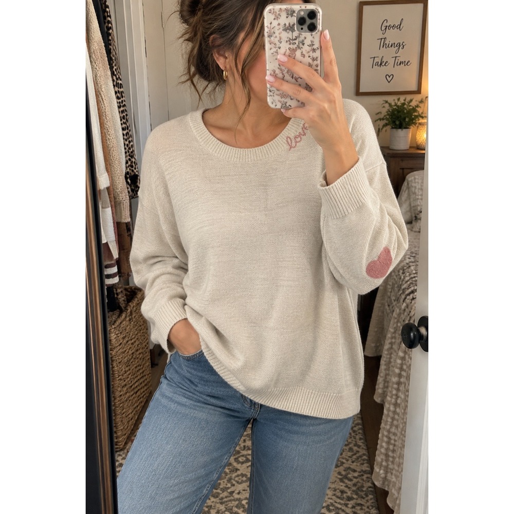 Barefoot Dreams CozyChic Ultra Lite Love Crewneck Sweater M Almond Primrose NWOT